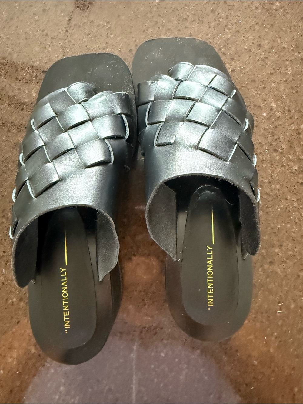 INTENTIONALLY BLANK Black Woven Leather Slide Sandals